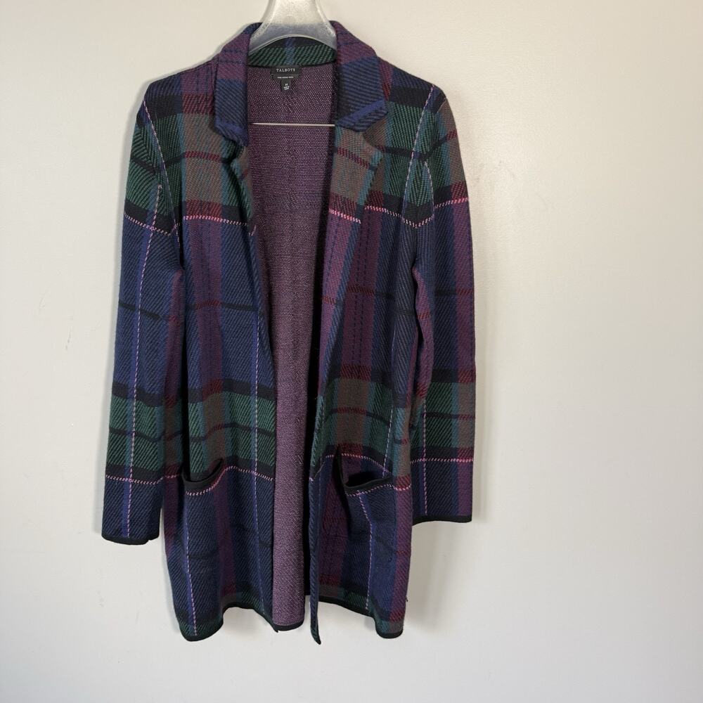 Talbots Pure Merino Wool Cardigan Sweater Womens Size M Purple Plaid Knit Thick